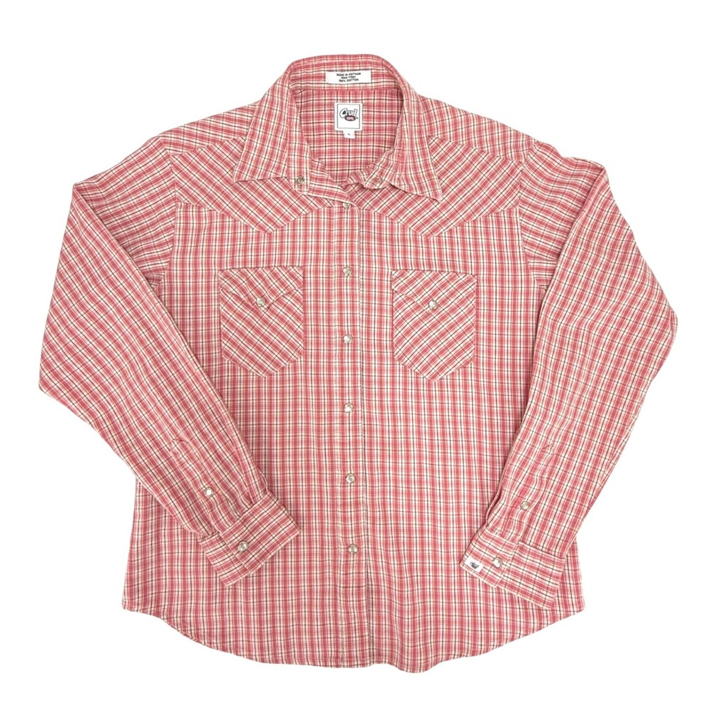 Cruel Girl Western Shirt Large Pink White Plaid Pearl Snap‎ Cotton Cowgirl Top
